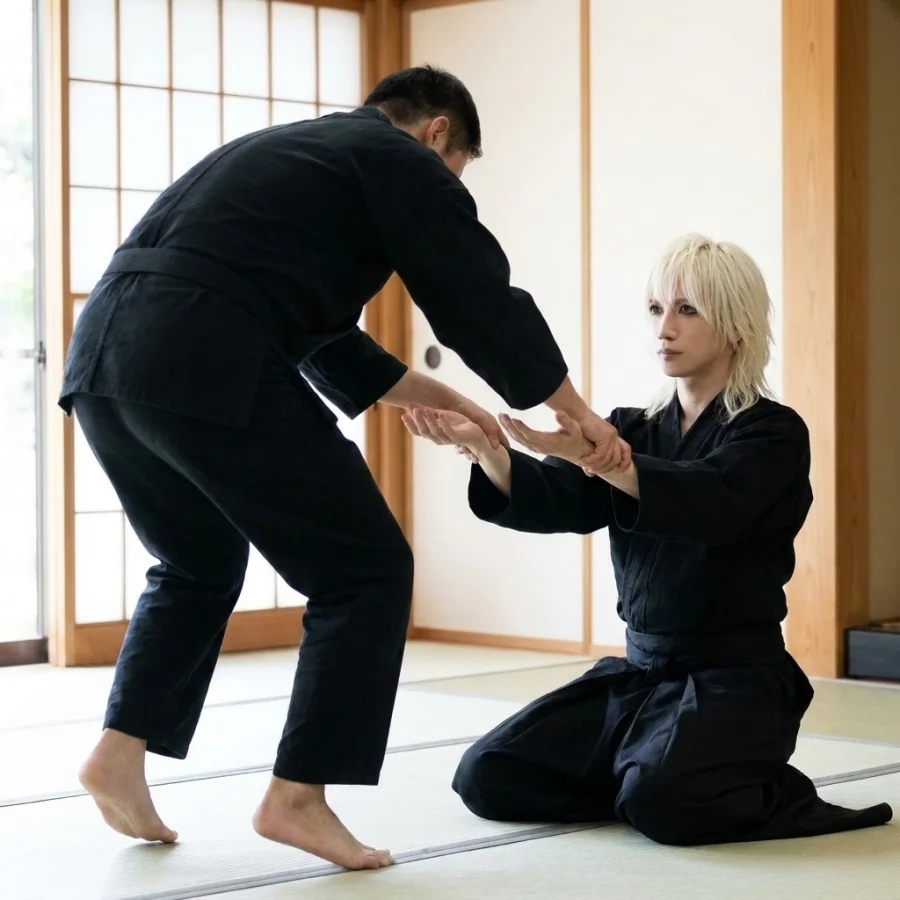 正座した状態で、上から手首を押さえている相手の体が浮いている場面