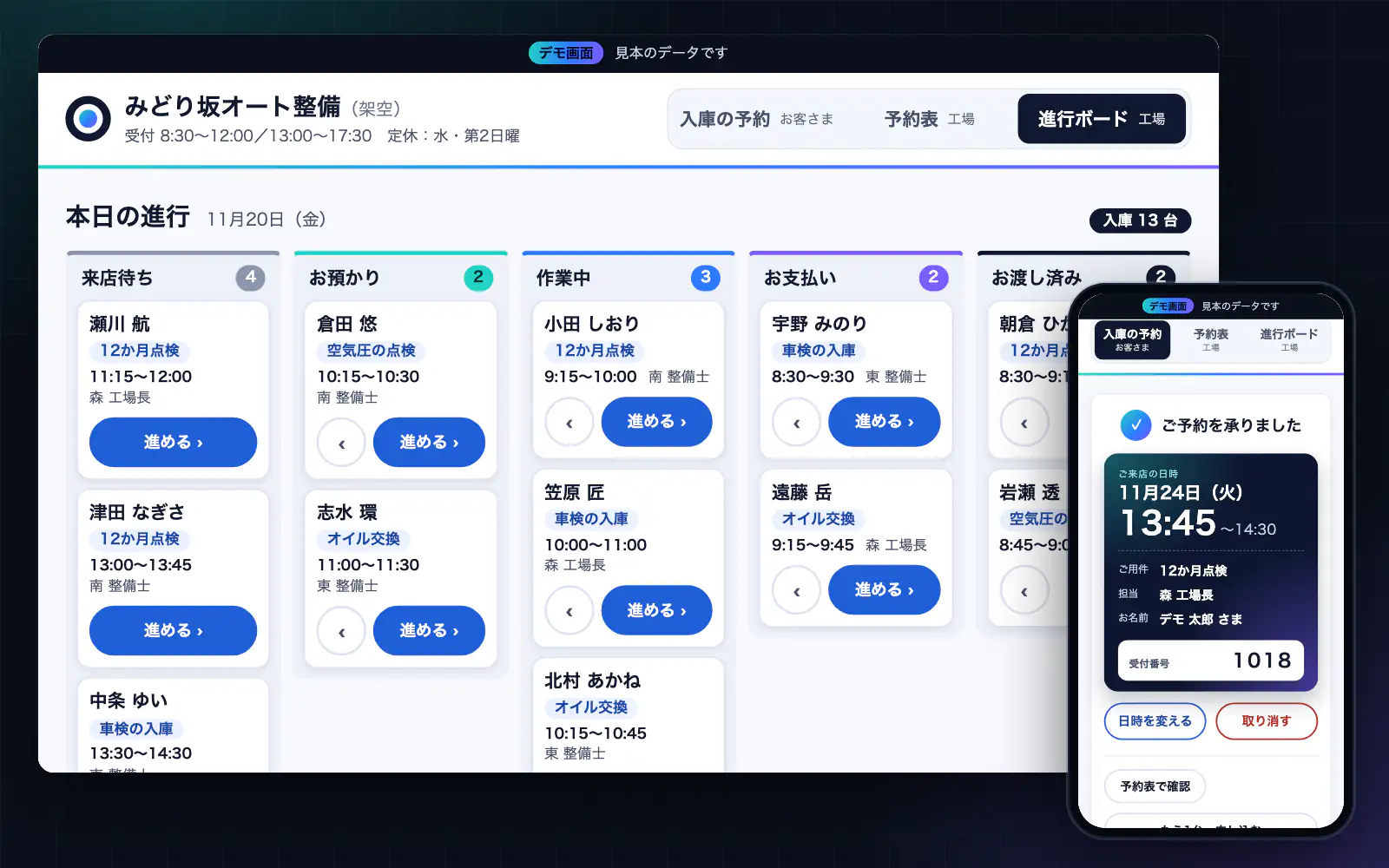 Demo screens for a garage’s service bookings: the progress board on a desktop (five columns, from awaiting arrival to handed over) and the booking confirmation on a phone. The screens are in Japanese.
